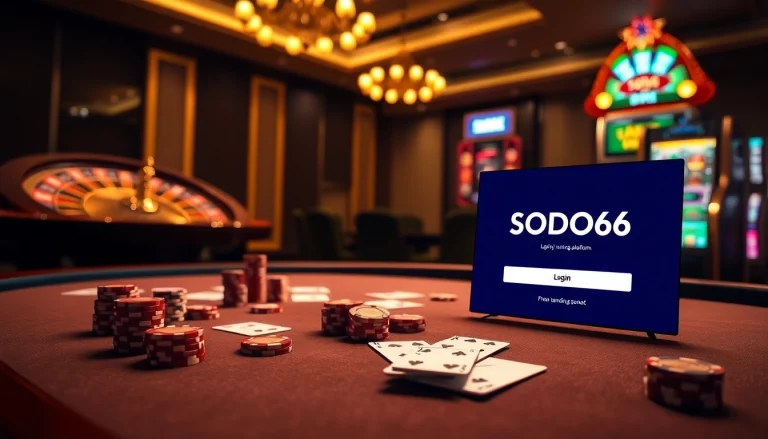 SODO66 đăng nhập interface displayed in a vibrant casino setting with poker chips and roulette wheel.