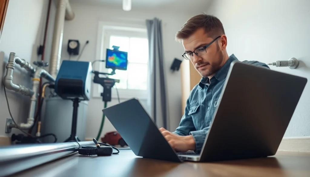 Power flush technician analyzing leak detection results with advanced technology.