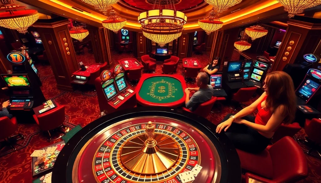 Engaging casino scene depicting players at J8-themed roulette table and slot machines.