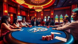Experience the thrill of nhà cái FIVE88 with vibrant casino scenes featuring exciting poker games and roulette tables.