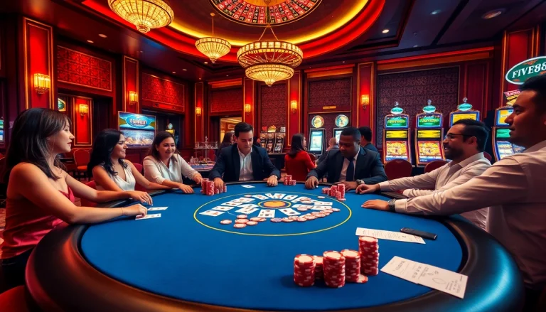 Experience the thrill of nhà cái FIVE88 with vibrant casino scenes featuring exciting poker games and roulette tables.