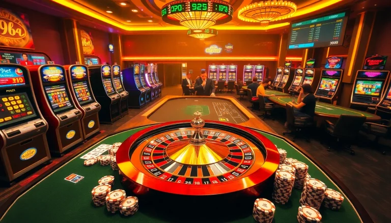 Experience the thrill of 9bet with a vibrant casino atmosphere featuring roulette and poker tables.