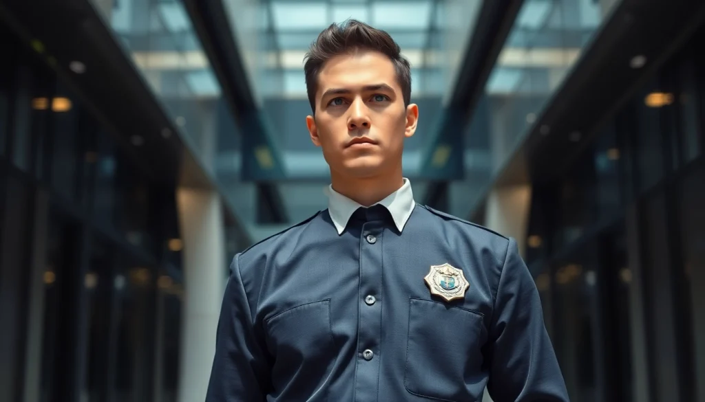 Security guards for hire near me ensuring safety at a modern building entrance.