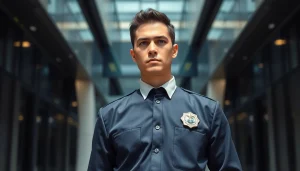 Security guards for hire near me ensuring safety at a modern building entrance.