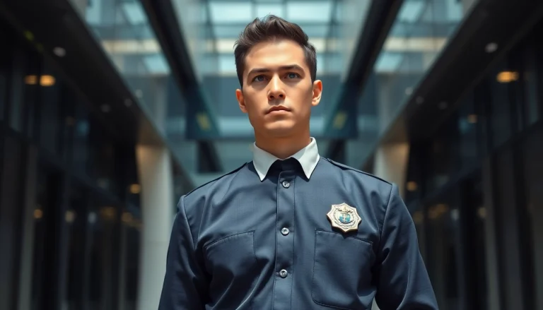 Security guards for hire near me ensuring safety at a modern building entrance.