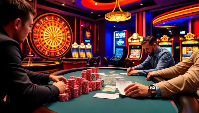 Exciting gambling scene at https://luck88com.net/ with poker, roulette, and vibrant players.