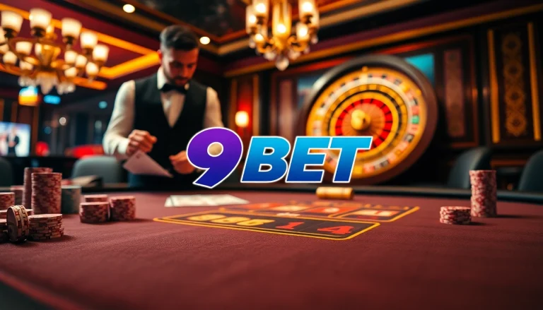 Experience the thrill of high-stakes poker featuring 9BET at a luxurious casino table with vibrant chips.