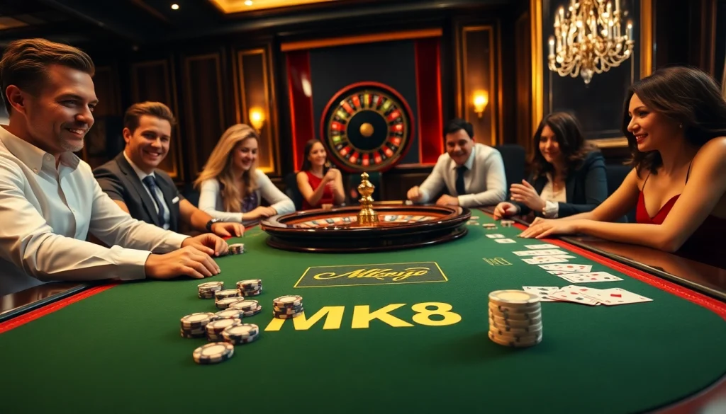 MK8 branded casino gaming table with poker chips and cards, exuding luxury and excitement.