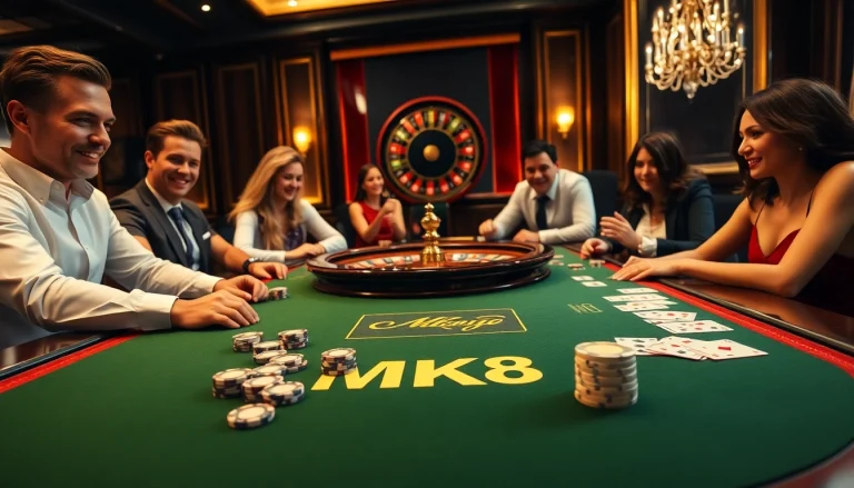 MK8 branded casino gaming table with poker chips and cards, exuding luxury and excitement.