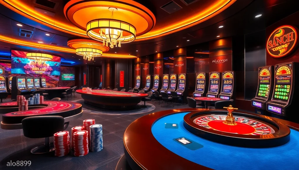 A thrilling online gambling experience at alo789 showcasing exciting poker tables and vibrant slot machines.
