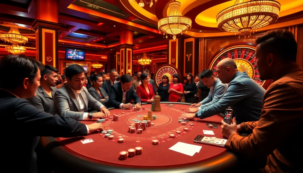 Experience the excitement at a luxurious poker table showcasing k8bet vn vibes with colorful chips and a bustling atmosphere.