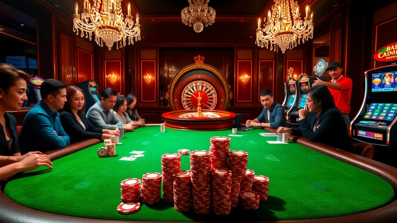 Players engaging in an intense poker game at a luxurious casino, embodying the spirit of gamebaidoithuong.