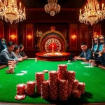 Players engaging in an intense poker game at a luxurious casino, embodying the spirit of gamebaidoithuong.