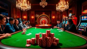 Players engaging in an intense poker game at a luxurious casino, embodying the spirit of gamebaidoithuong.