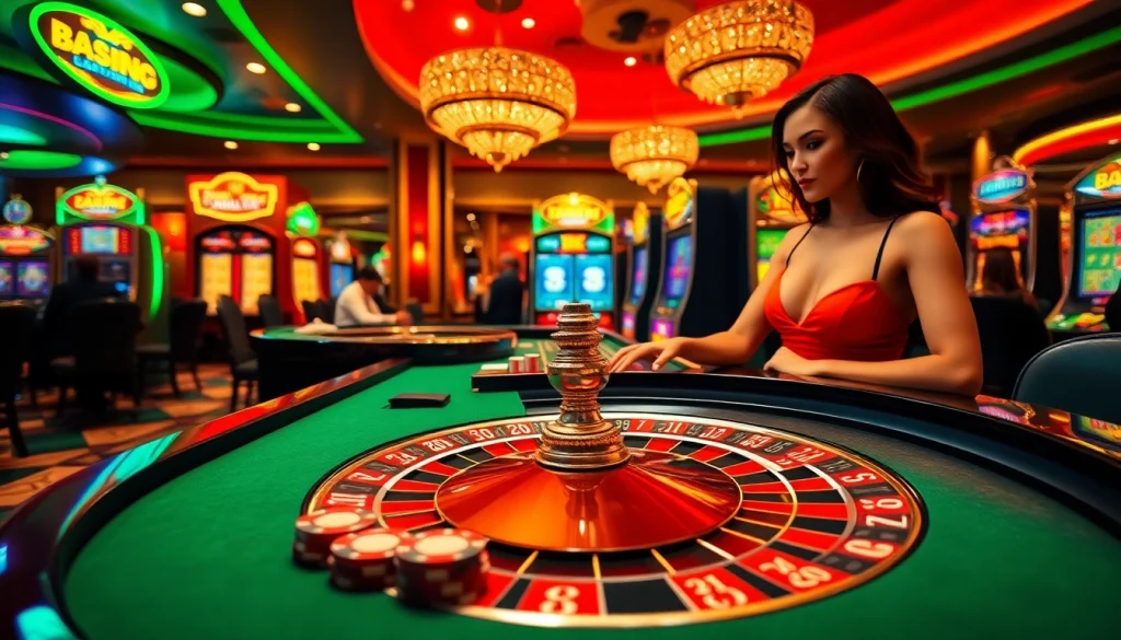 Players enjoying an exciting game at 222BD casino, featuring roulette and vibrant slot machines.