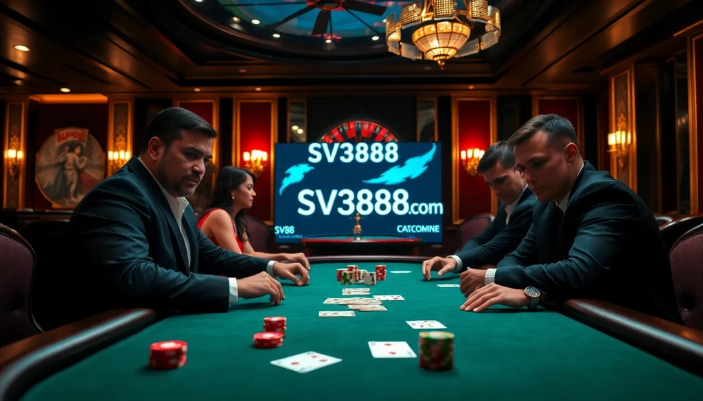 Engaging poker game scene at SV388.com with players and casino elements enhancing excitement.