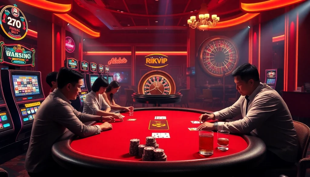 Engaging casino scene highlighting the Tác giả RIKVIP spirit with players in an intense poker game.