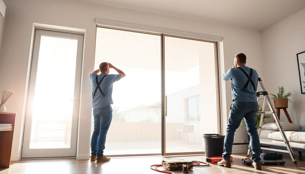 Installers fitting a Flyscreenmaxx retractable flyscreen door in a bright home.