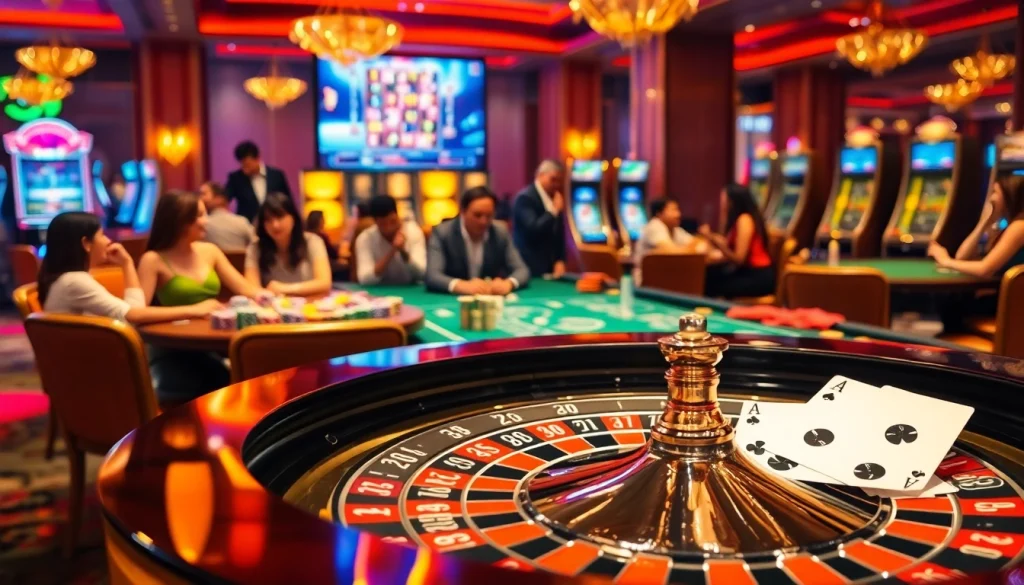Exciting casino scene showcasing diverse players and roulette table at ww88 com.