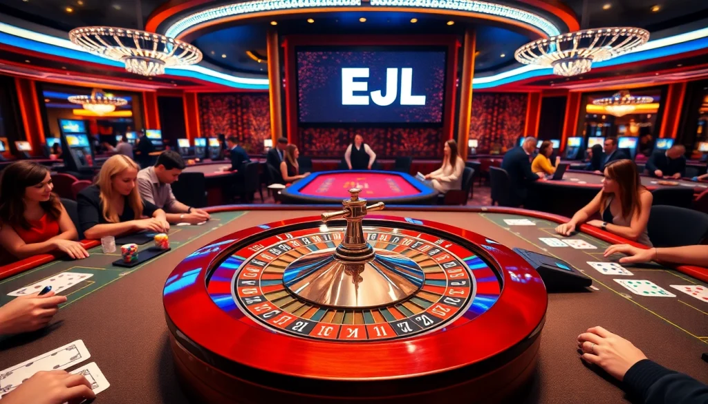 Experience the excitement of EEJL gaming action at a vibrant casino with poker tables and roulette.