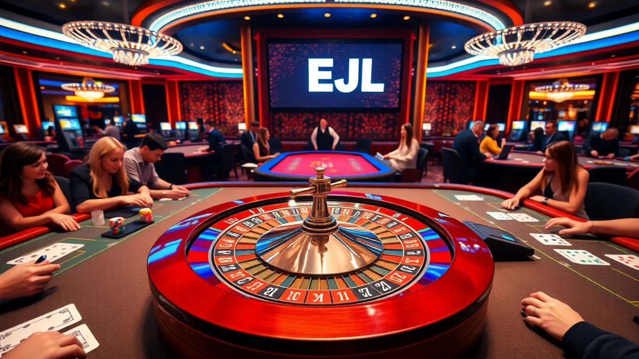 Experience the excitement of EEJL gaming action at a vibrant casino with poker tables and roulette.