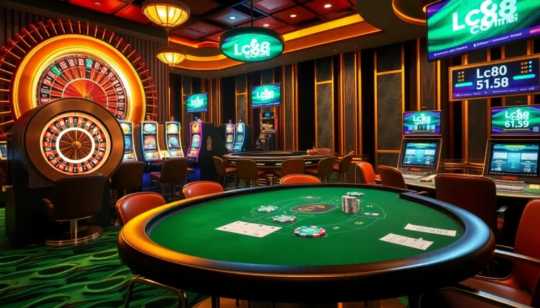Experience the thrill of gambling at Lc88.com with vibrant casino tables and exciting game elements.