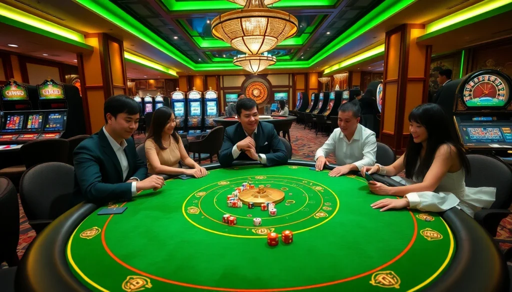Experience xóc đĩa online in an elegant casino atmosphere, players engaging at a vibrant gambling table.
