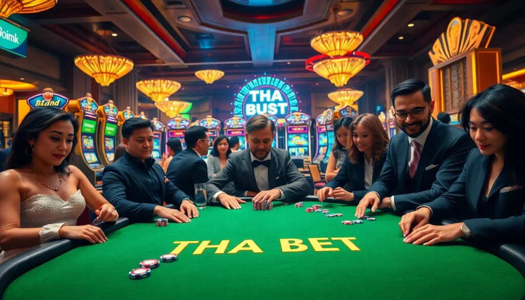 Playing poker at THA BET casino table with vibrant chips and engaging atmosphere.