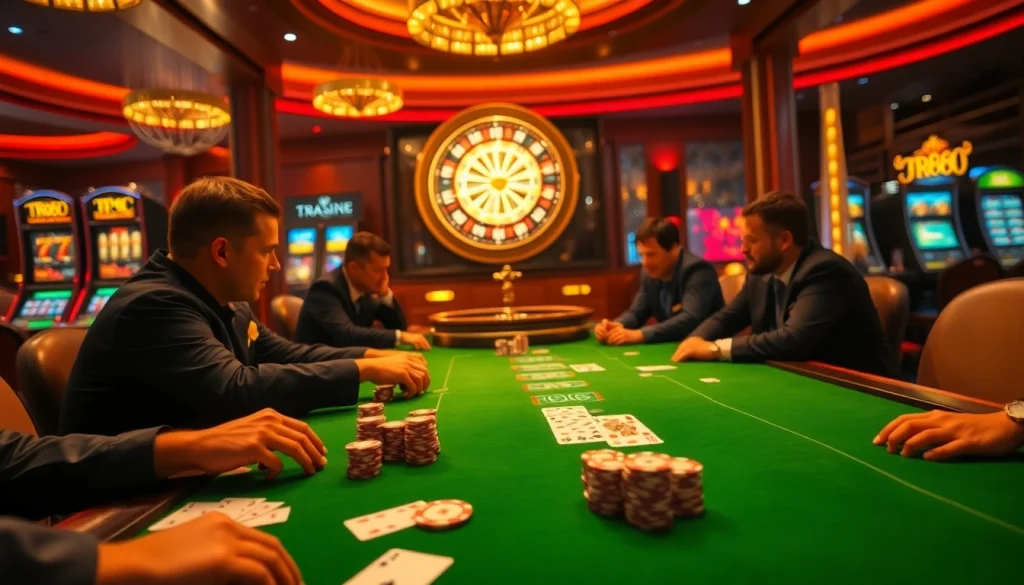 Exciting casino scene with TR88 references, engaging poker players, and vibrant slot machines.