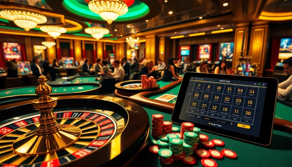 Engaging gameplay at a luxurious casino featuring tg88 poker tables, illuminated ambiance, and vibrant chips.