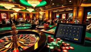 Engaging gameplay at a luxurious casino featuring tg88 poker tables, illuminated ambiance, and vibrant chips.