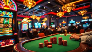 KJC players betting at a lively poker table in a luxurious casino.