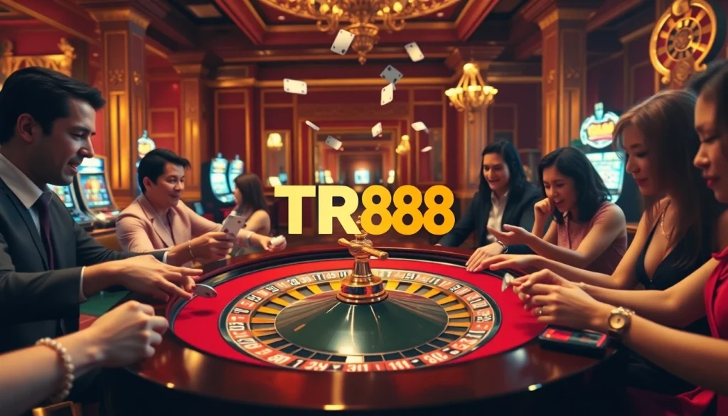 Players engage in thrilling roulette gameplay at a luxurious casino featuring TR88 branding.