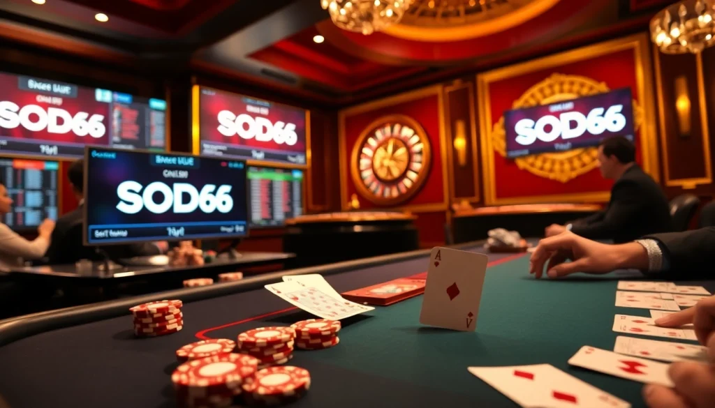 SODO66 players strategizing at a luxurious poker table with chips and cards.