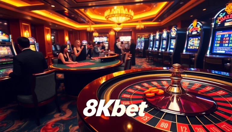 Excitement of gambling at 8kbet's luxurious casino featuring roulette and slot machines.