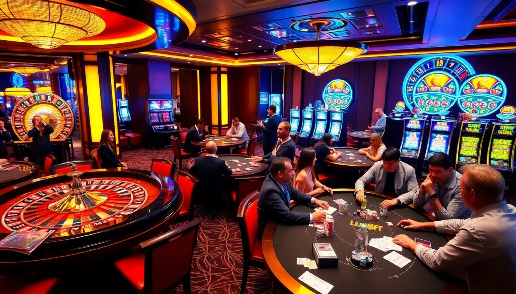 Experience vibrant gaming action at http://luck8f.cn.com/ with players at poker tables and roulette wheels.