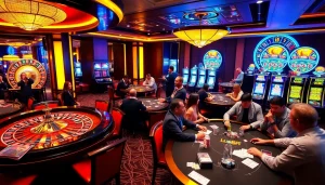 Experience vibrant gaming action at http://luck8f.cn.com/ with players at poker tables and roulette wheels.
