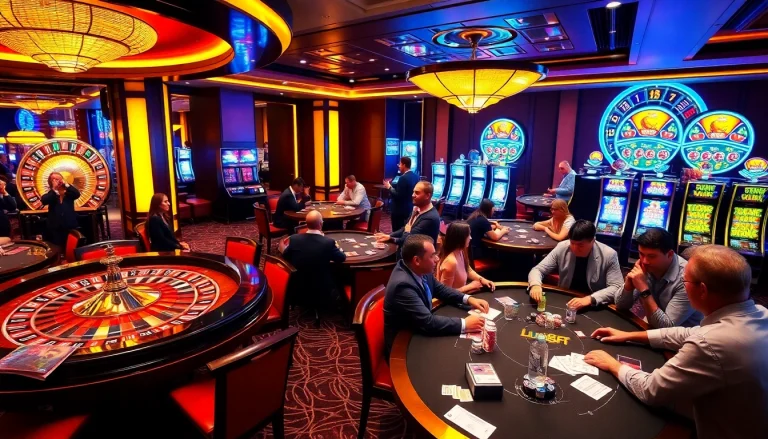 Experience vibrant gaming action at http://luck8f.cn.com/ with players at poker tables and roulette wheels.