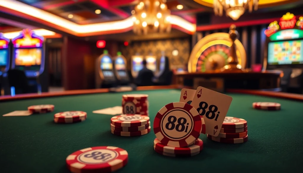 Experience the excitement of 88i at a luxurious casino table with poker chips and cards.