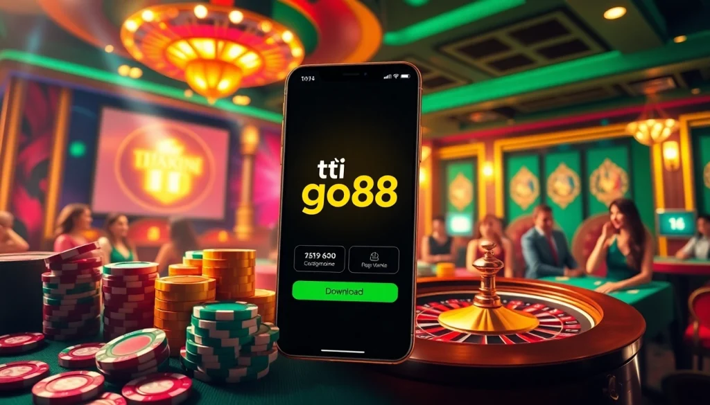 Tải go88 app interface on a mobile device surrounded by colorful poker chips and a roulette wheel.