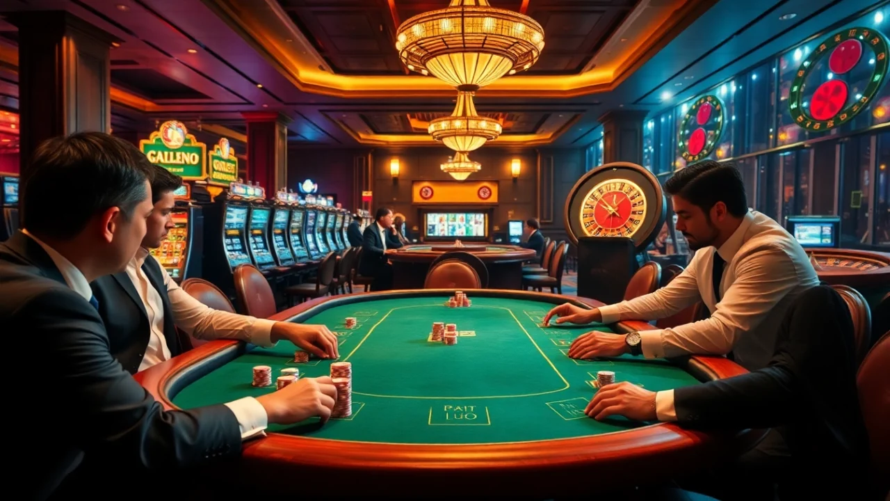 Experience the excitement of gamebaidoithuong at a vibrant casino with elegant poker tables and lively players.