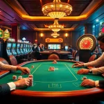 Experience the excitement of gamebaidoithuong at a vibrant casino with elegant poker tables and lively players.