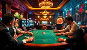 Experience the excitement of gamebaidoithuong at a vibrant casino with elegant poker tables and lively players.