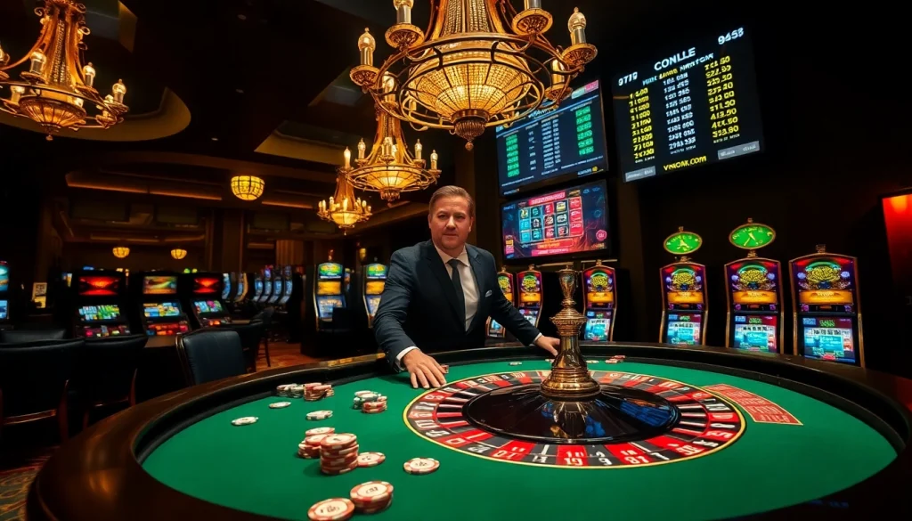 Experience the thrill of betting at https://vj88.com/ with a vibrant casino scene of roulette and poker.