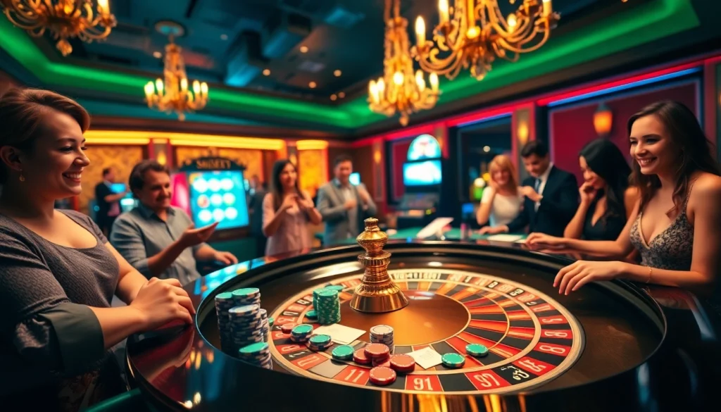 Bet88247 casino players engaged in an exciting roulette game with vibrant poker chips.