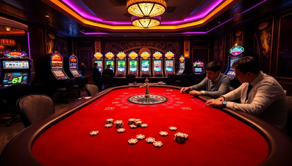 S8 casino gaming experience with vibrant poker table and illuminated slot machines.