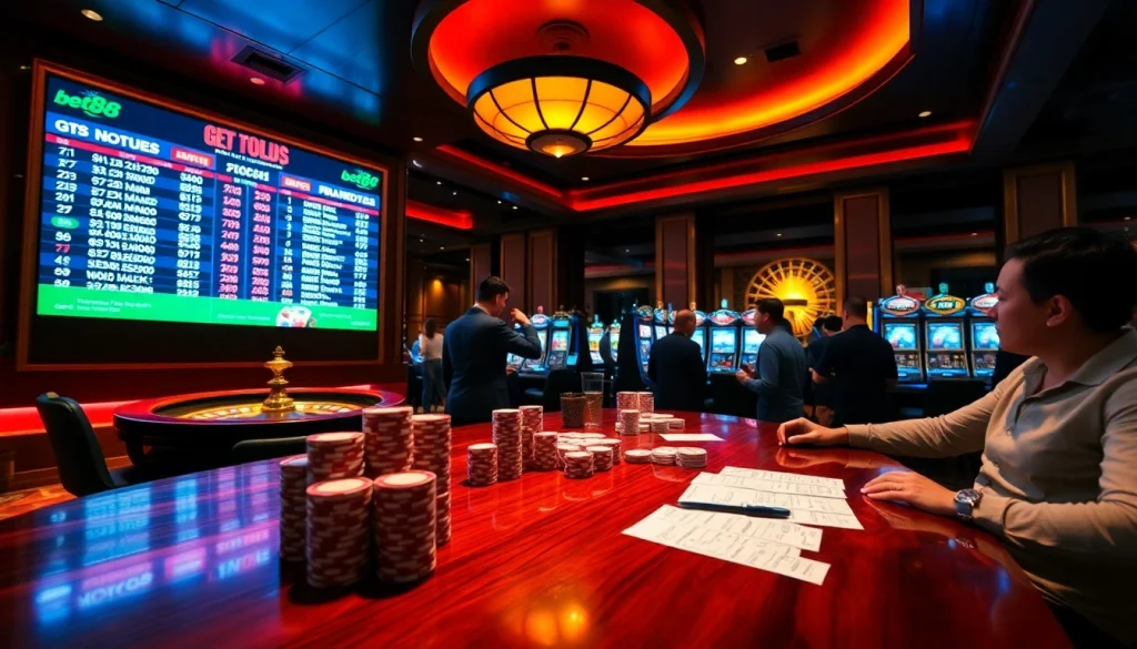 Excited players engaging with kèo bóng đá bet88 odds at a vibrant casino betting table.