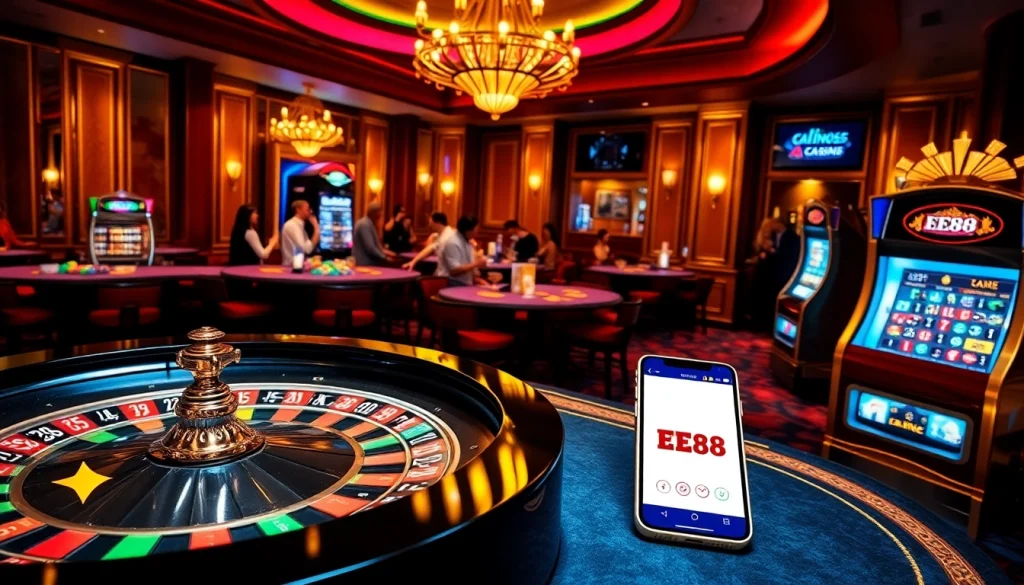 Excited gamblers at a vibrant EE88 casino scene with roulette and slot machines.