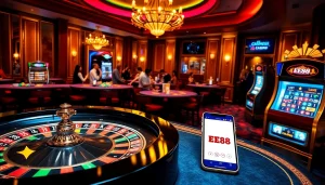 Excited gamblers at a vibrant EE88 casino scene with roulette and slot machines.