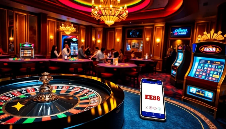 Excited gamblers at a vibrant EE88 casino scene with roulette and slot machines.